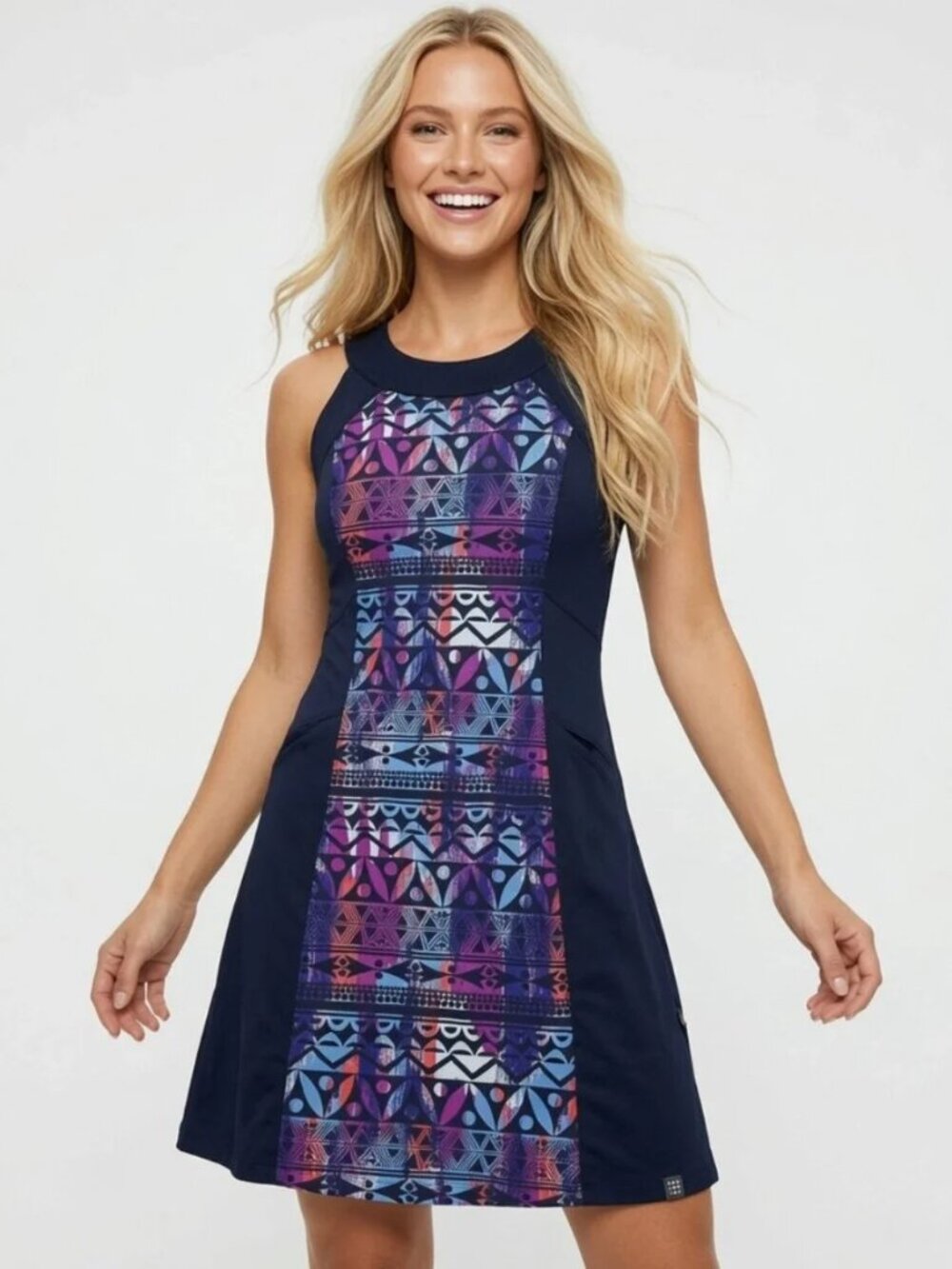 Title Nine Navy Midi Dress with Multicolor Aztec Panel